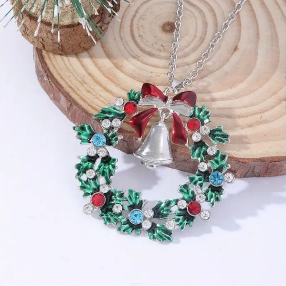 Silver Christmas Bell Wreath Pendant Necklace